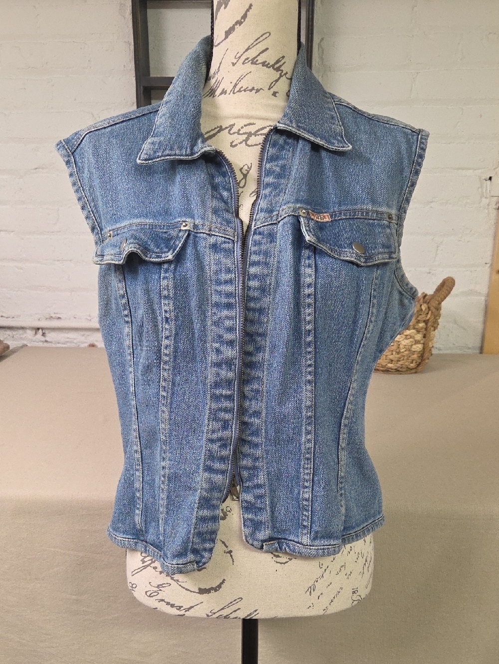 Express Light Wash Denim Vest with Chest Zip Vintage 90s